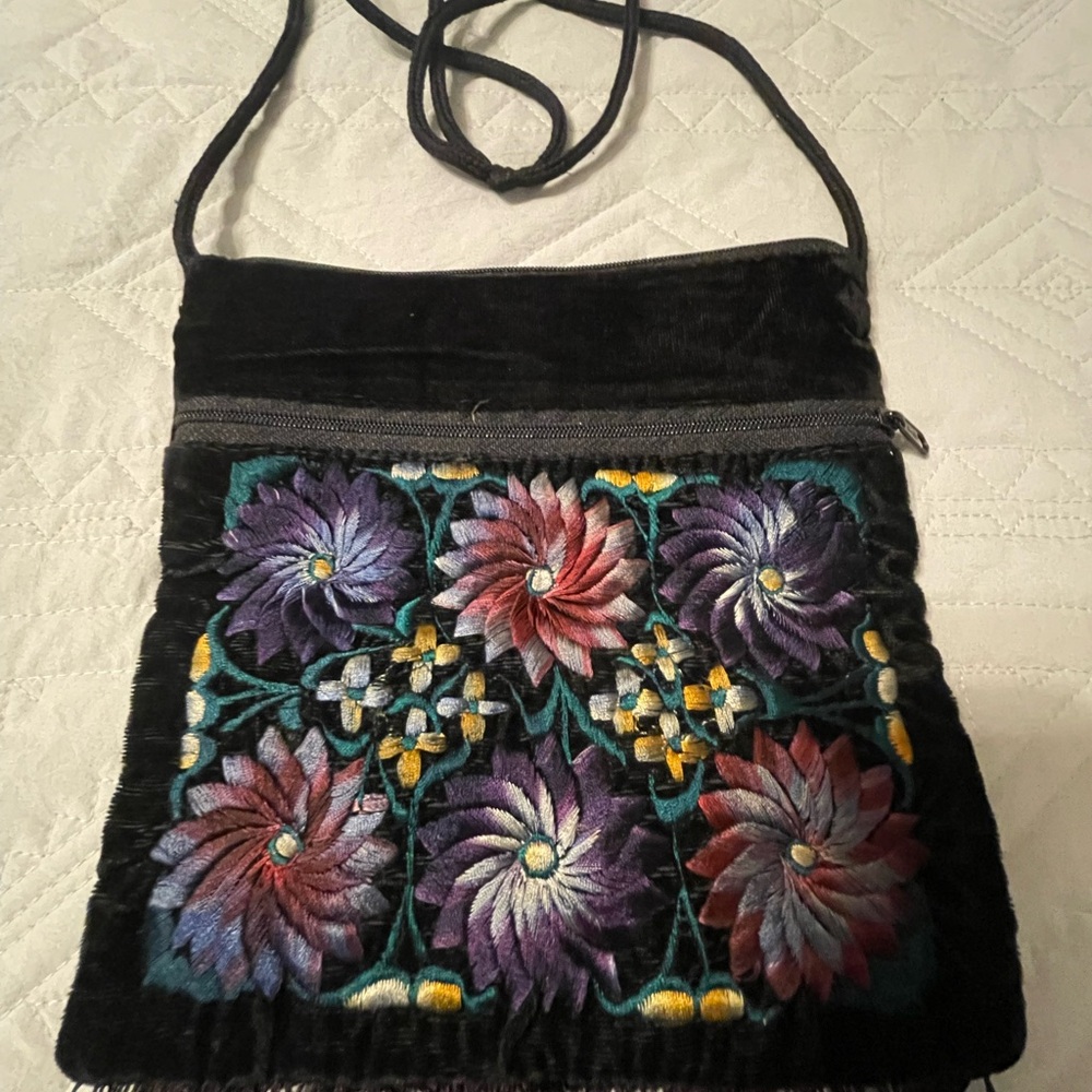 Floral Embroidered Black Velvet Crossbody Bag - Picture 1 of 7
